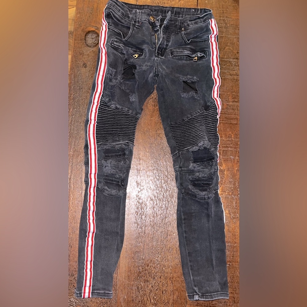Rue 21, Street wear jeans. Black with Red and White stripe down the side.